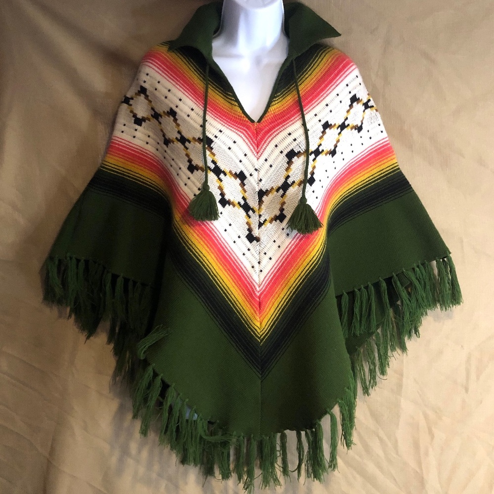 Vintage Wool Poncho With Tassels And Collar, O/S